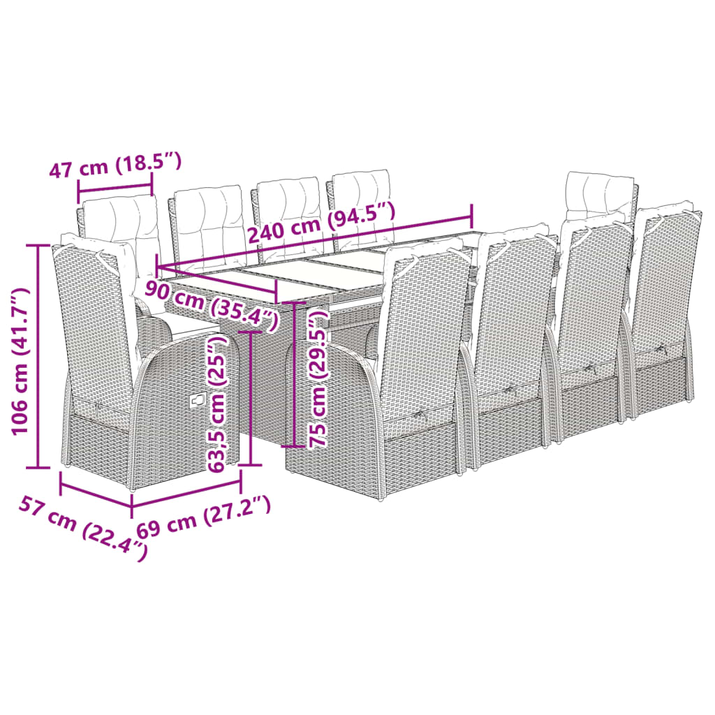 vidaXL 9 pcs conjunto de jantar p/ jardim c/ almofadões vime PE preto