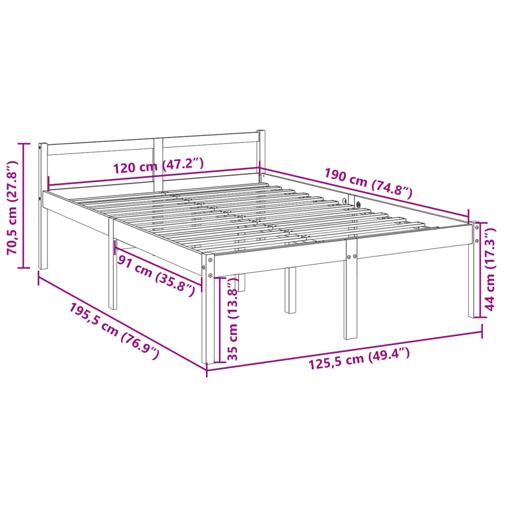 vidaXL Cama de casal pequena para idosos 120x190cm pinho maciço branco