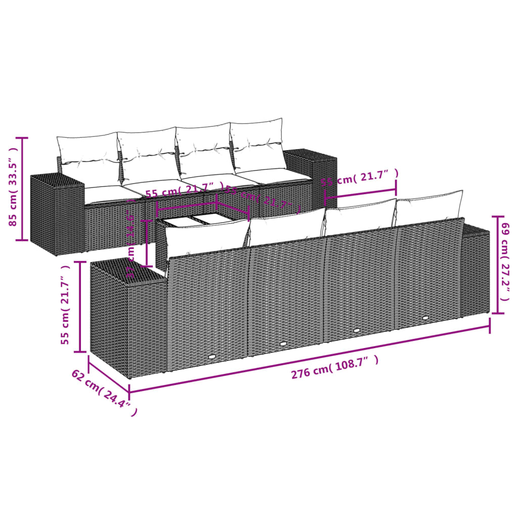 vidaXL 9 pcs conjunto de sofás p/ jardim c/ almofadões vime PE preto