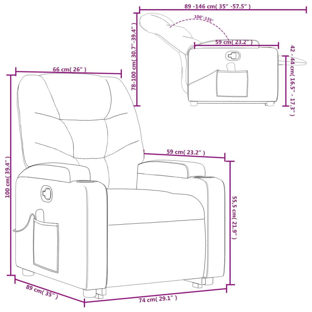 vidaXL Poltrona de massagens reclin. elevatória tecido vermelho tinto