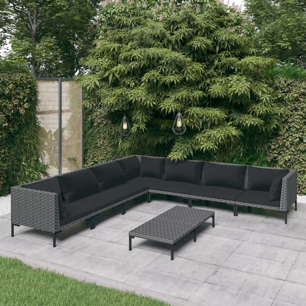 vidaXL 8 pcs conj. lounge jardim c/ almofadões vime PE cinzento-escuro