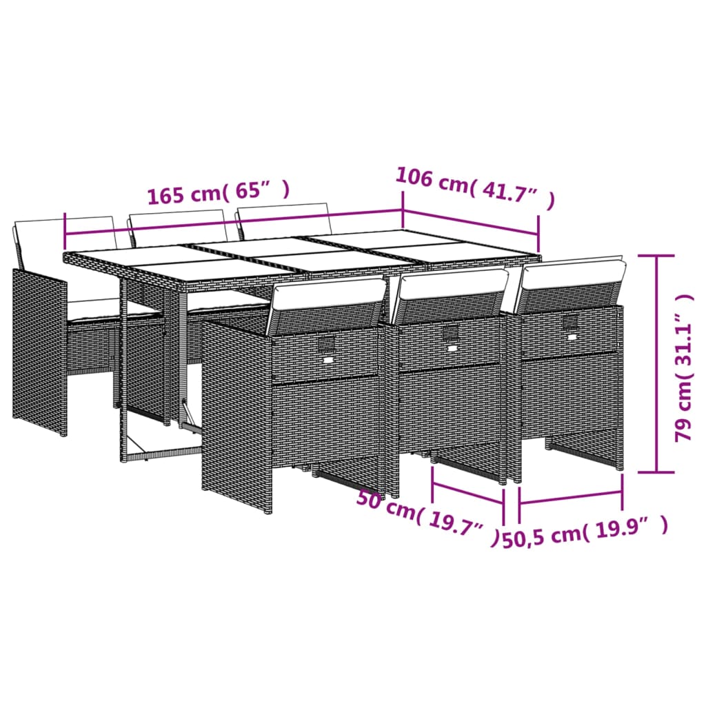 vidaXL 7 pcs conj. jantar p/ jardim c/ almofadões vime PE cinza-claro