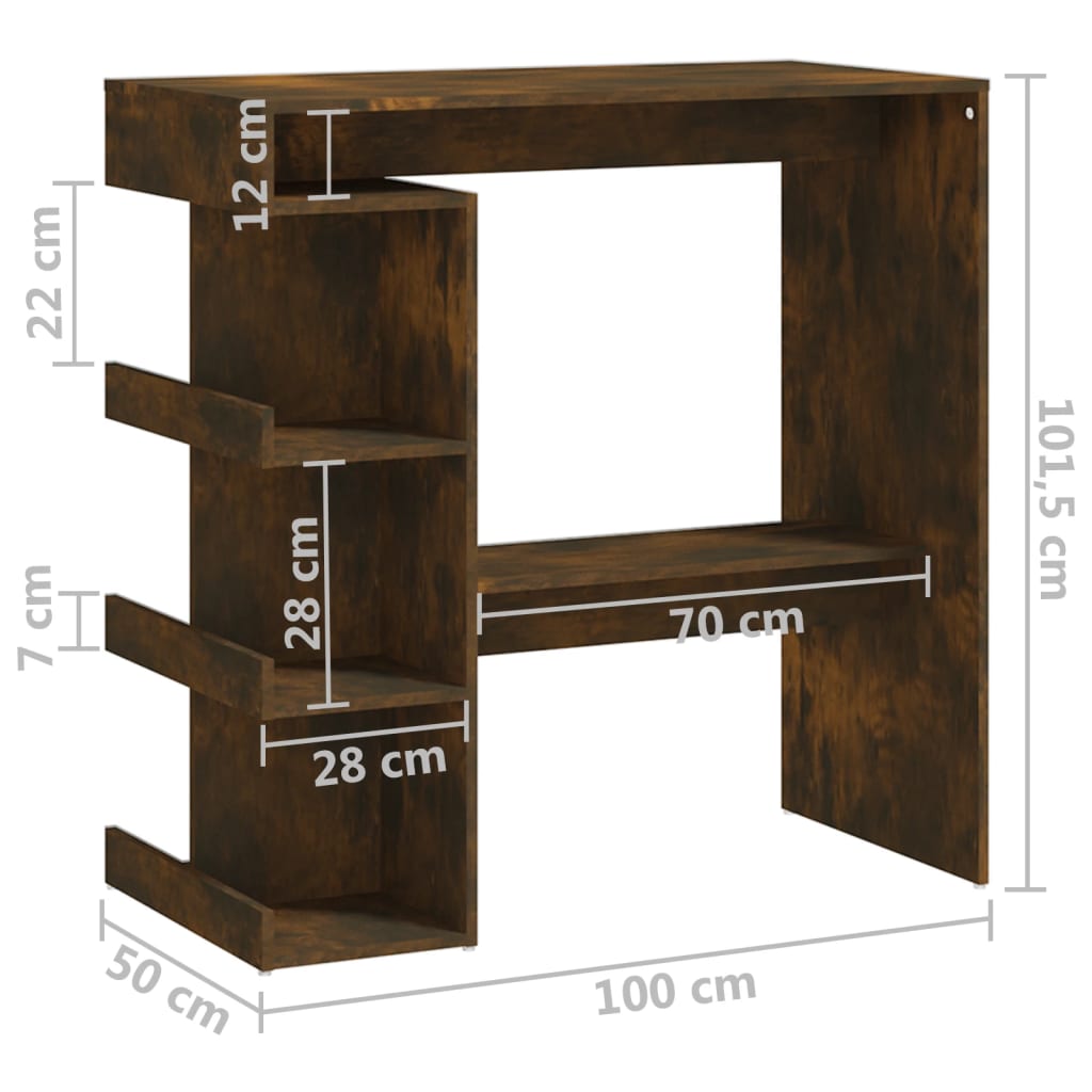 vidaXL Mesa de bar c/ prateleiras derivados de madeira carvalho fumado