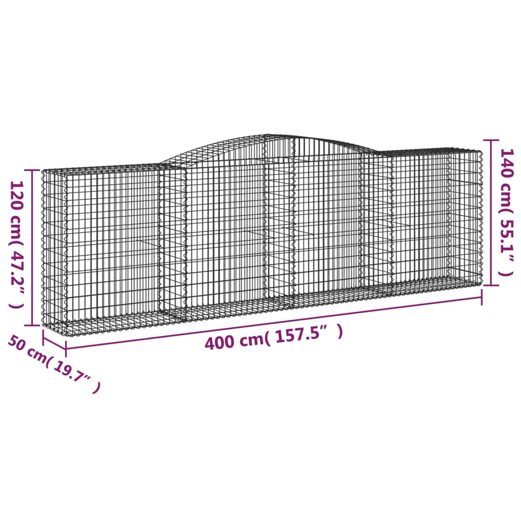 vidaXL Cesto gabião arqueado 400x50x120/140 cm ferro galvanizado