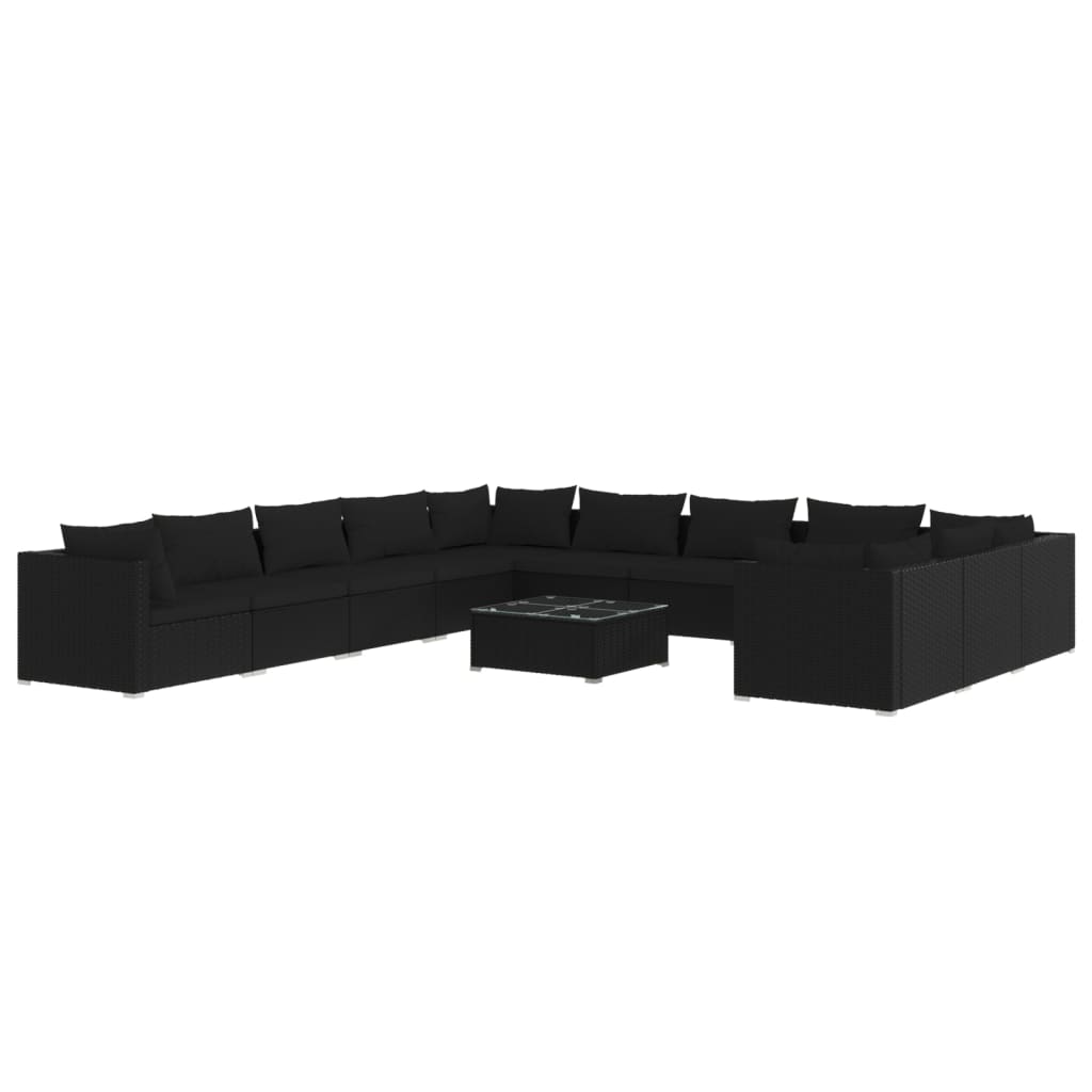 vidaXL 12 pcs conjunto lounge de jardim c/ almofadões vime PE preto