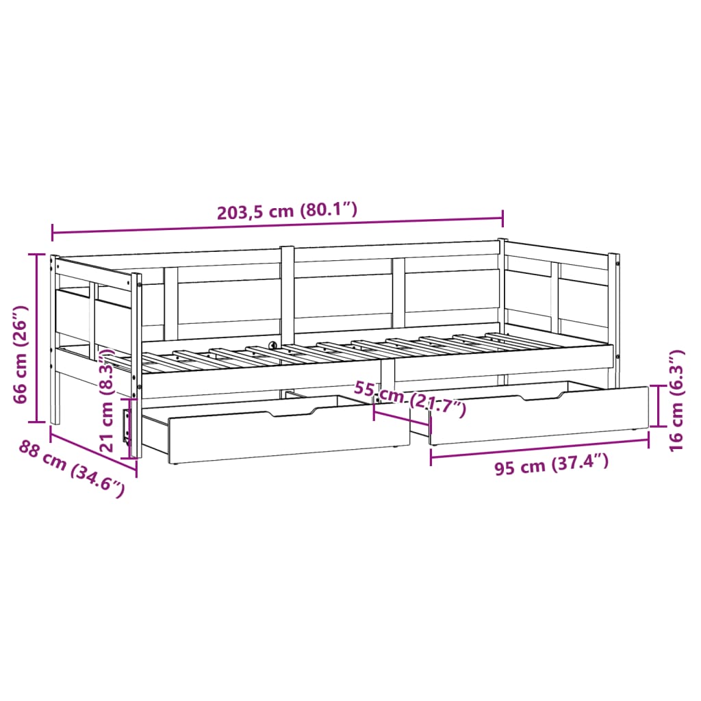 vidaXL Sofá-cama com gavetas 80x200 cm madeira de pinho maciça