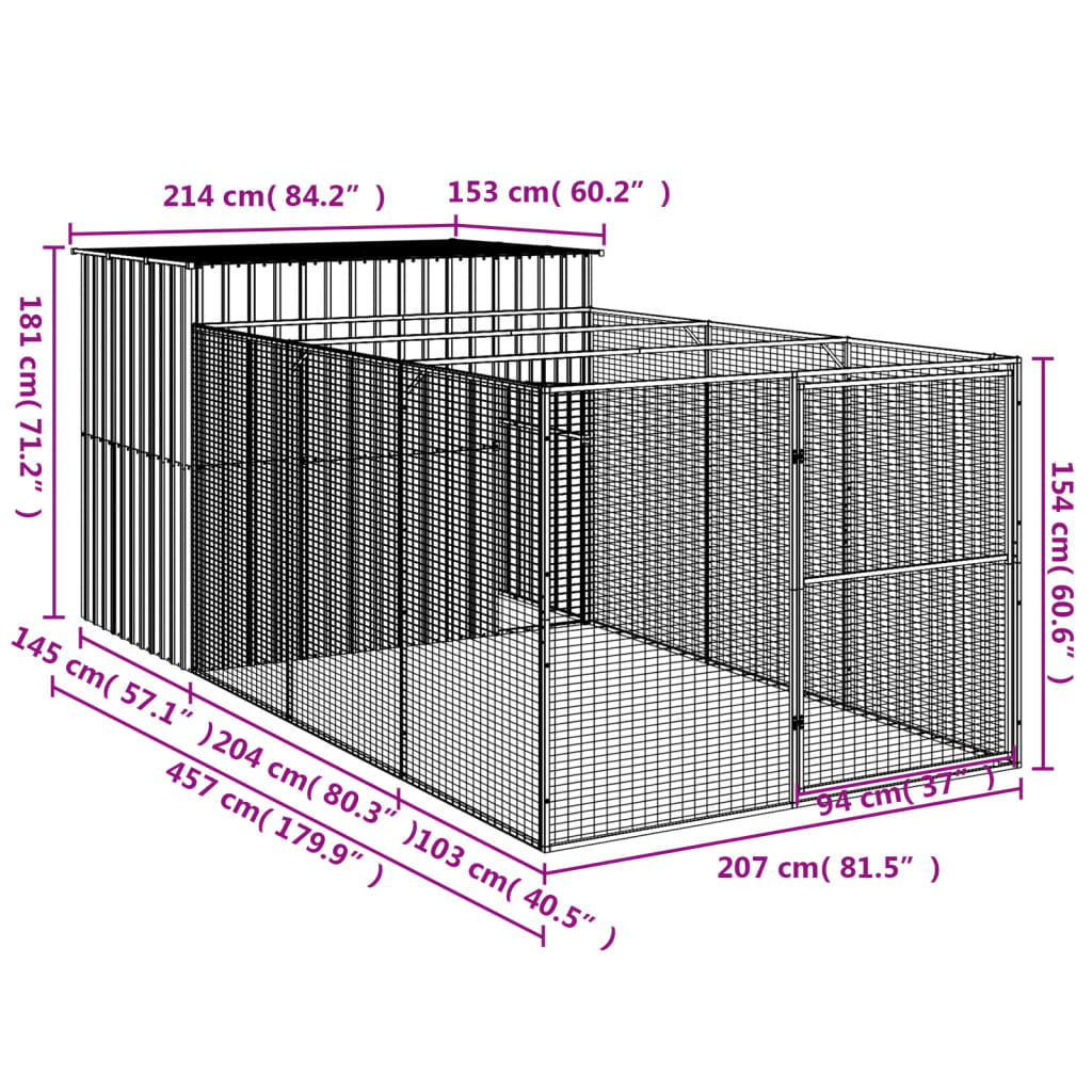 vidaXL Casota p/ cães c/ parque 214x457x181 cm aço galvaniz. antracite