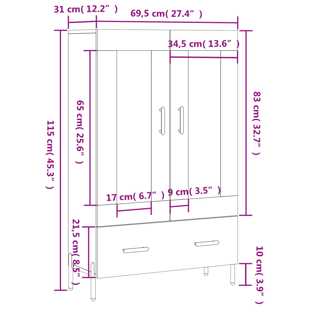 vidaXL Aparador alto 69,5x31x115 cm derivados de madeira branco