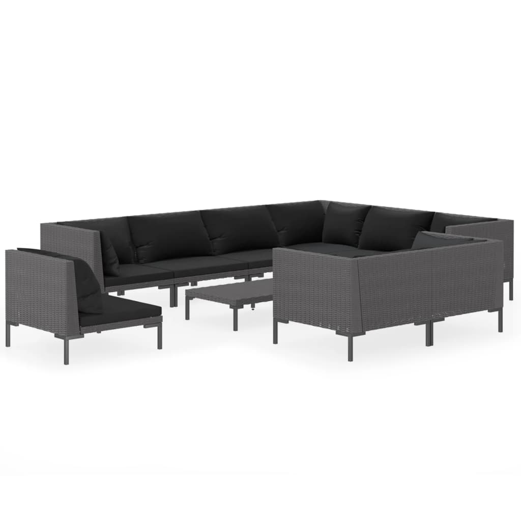 vidaXL 10 pcs conj. lounge jardim c/ almofadões vime PE cinza-escuro