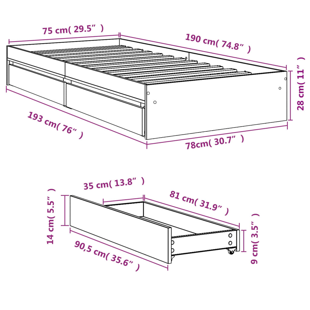 vidaXL Estrutura de cama c/ gavetas derivados madeira cinza sonoma