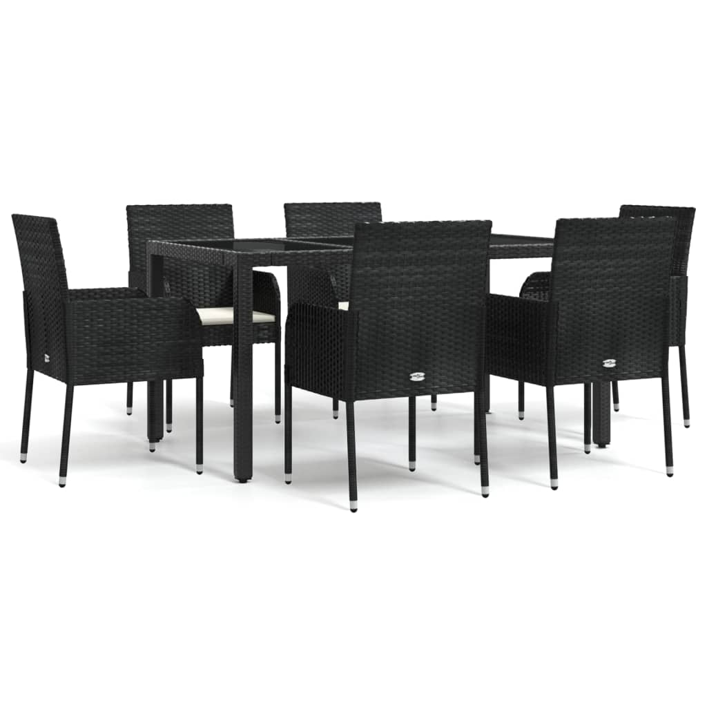 vidaXL 7 pcs conjunto de jantar p/ jardim c/ almofadões vime PE preto