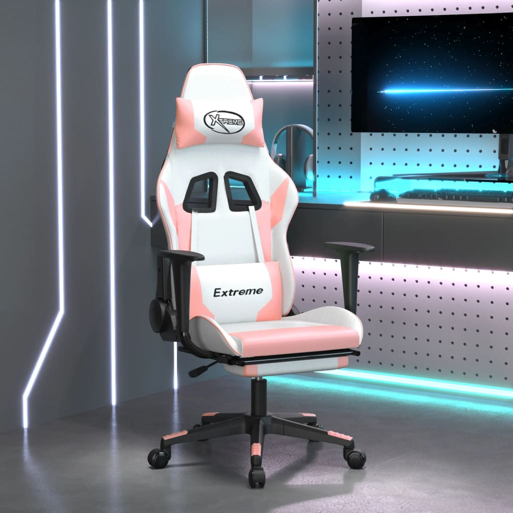 vidaXL Cadeira gaming massagens c/ apoio pés couro artif. branco/rosa