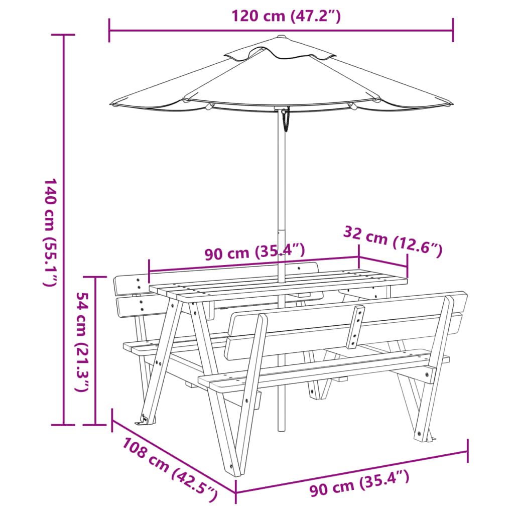 vidaXL Mesa de piquenique para 4 crianças com guarda-sol abeto maciço