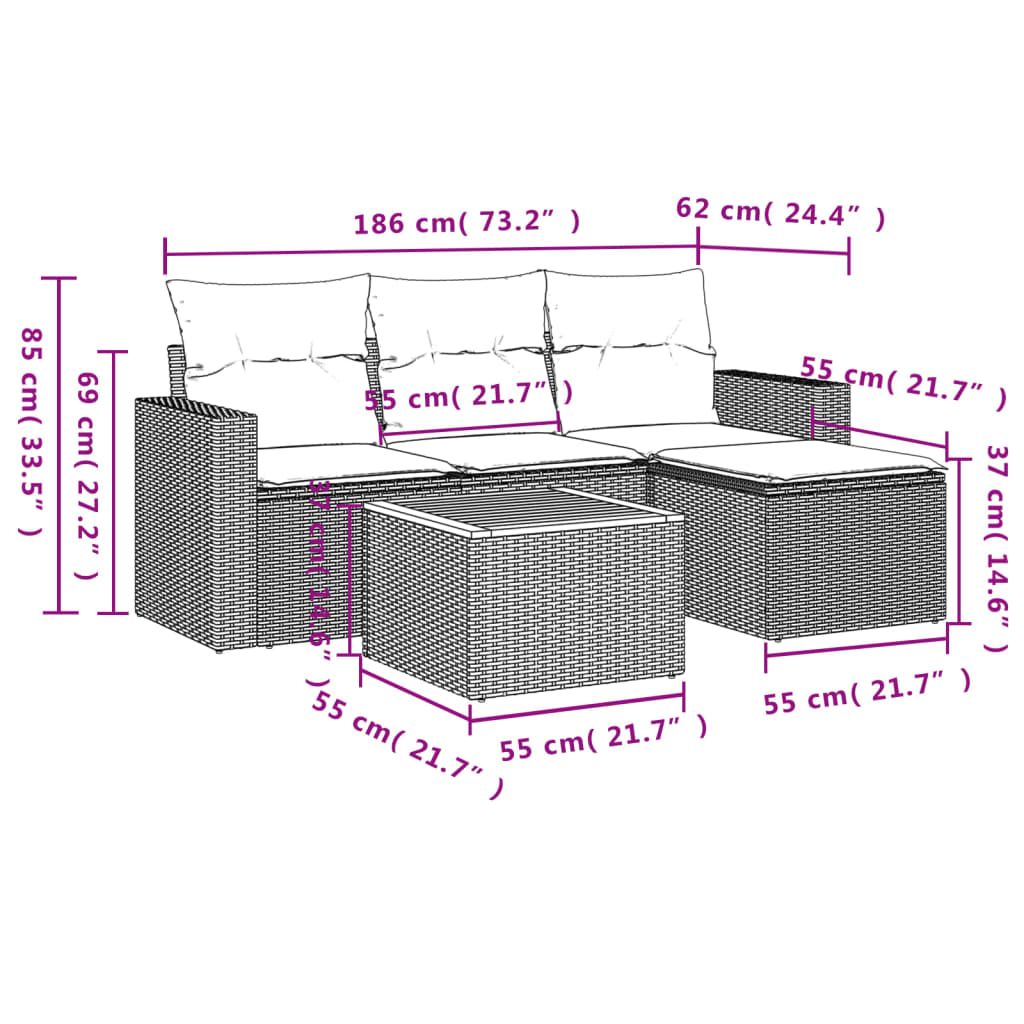 vidaXL 5 pcs conjunto sofás de jardim c/ almofadões vime PE cinzento