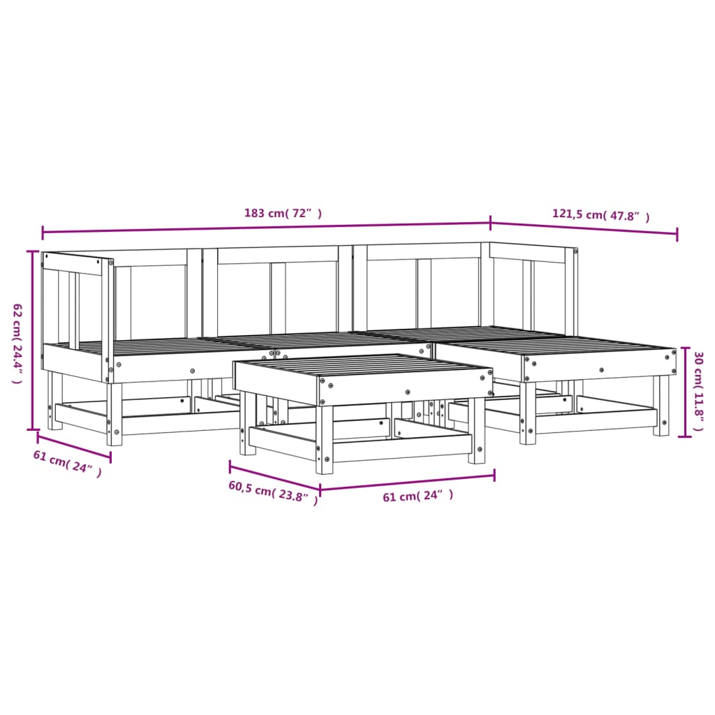 vidaXL 5 pcs conjunto lounge de jardim madeira de pinho maciça preto