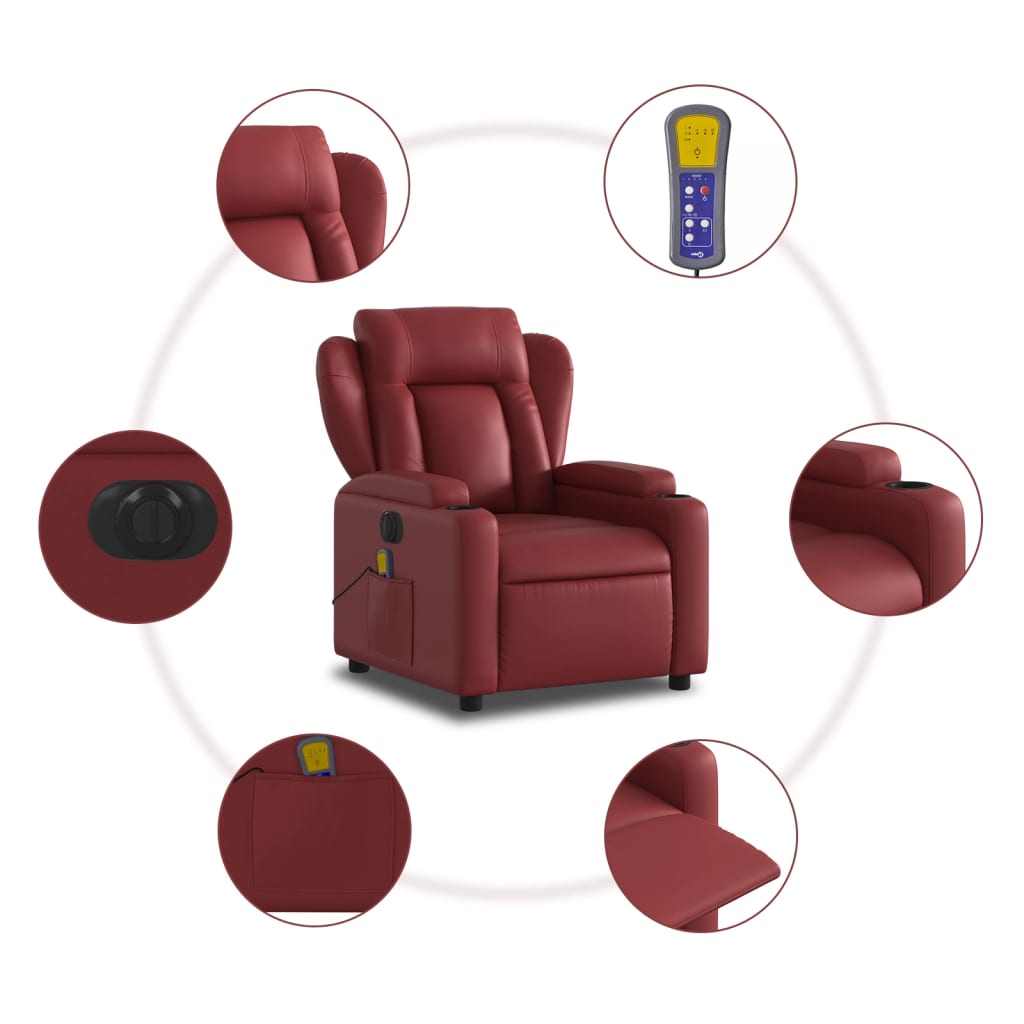 vidaXL Poltrona massagens reclin. elétrica couro artif. vermelho-tinto