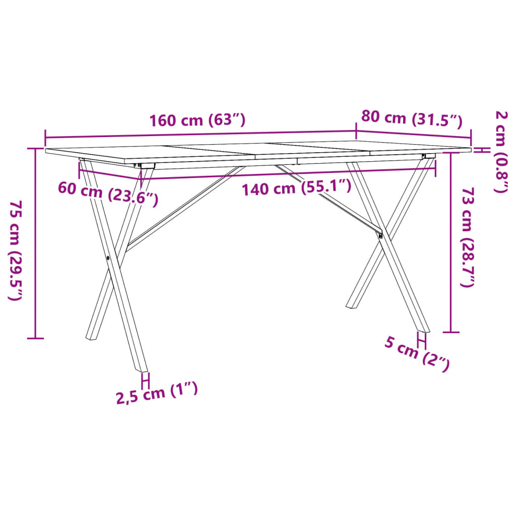 vidaXL Mesa de jantar estrutura em X 160x80x75cm pinho e ferro fundido