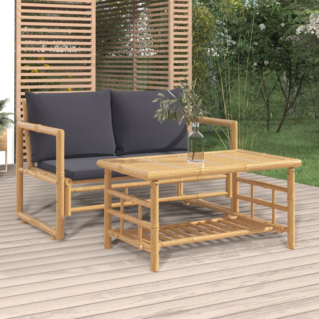 vidaXL 2pcs conj. lounge de jardim bambu c/ almofadões cinzento-escuro