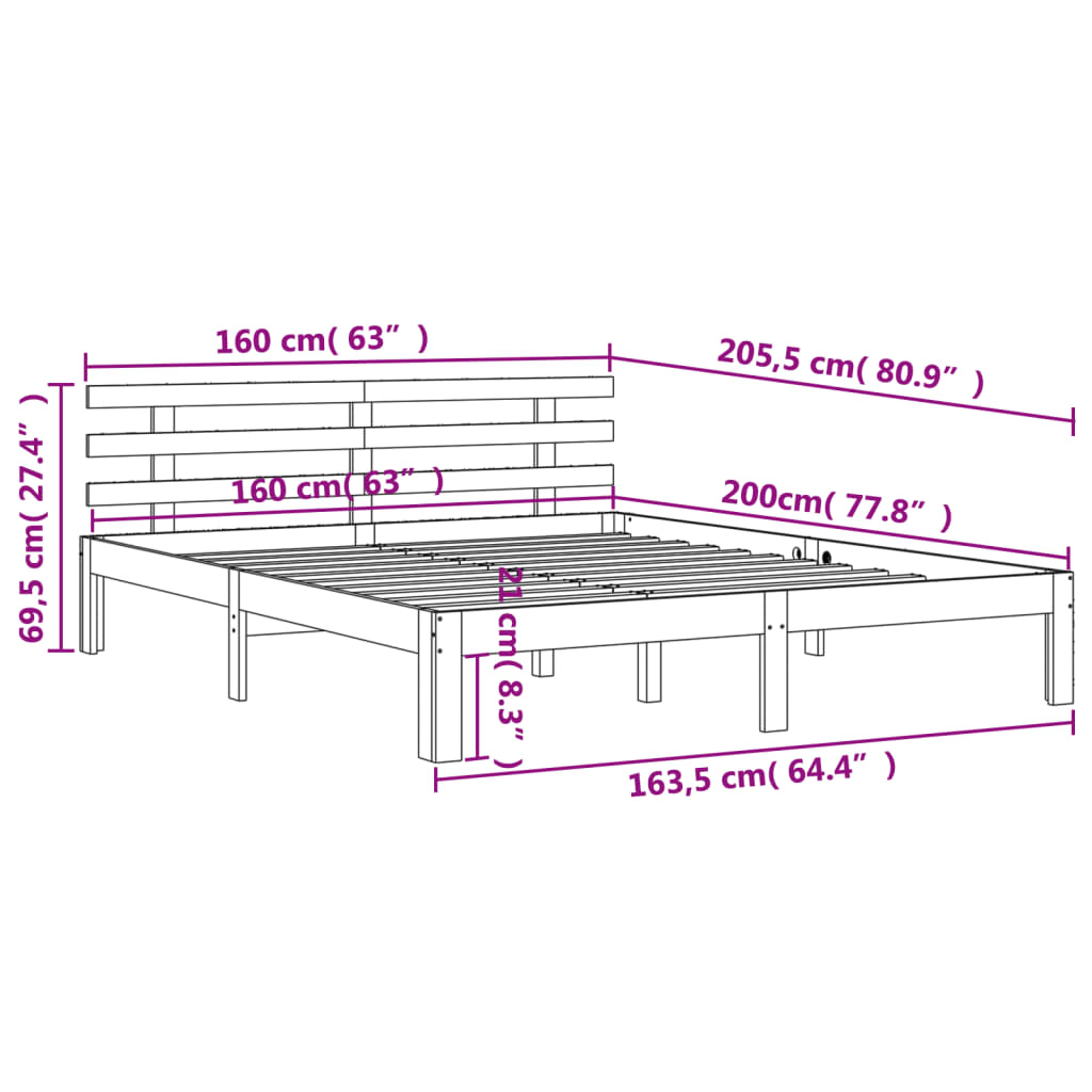 vidaXL Cama sem colchão 160x200 cm madeira pinho maciço castanho-mel