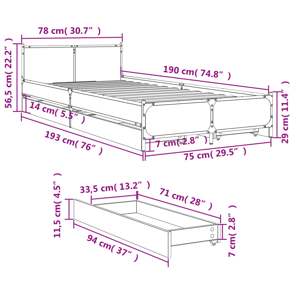 vidaXL Estrutura cama c/ gavetas 75x190 cm derivados de madeira preto