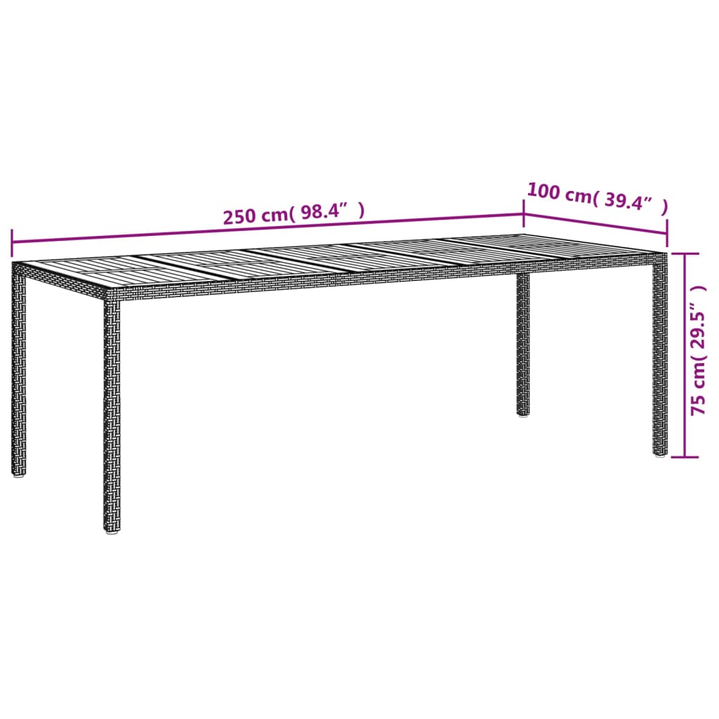 vidaXL Mesa de jardim 250x100x75 cm vime PE cinza