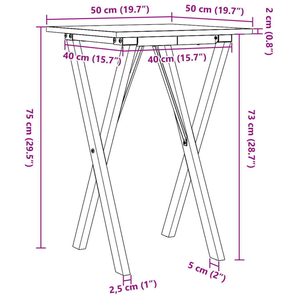 vidaXL Mesa de jantar estrutura em X 50x50x75 cm pinho e ferro fundido