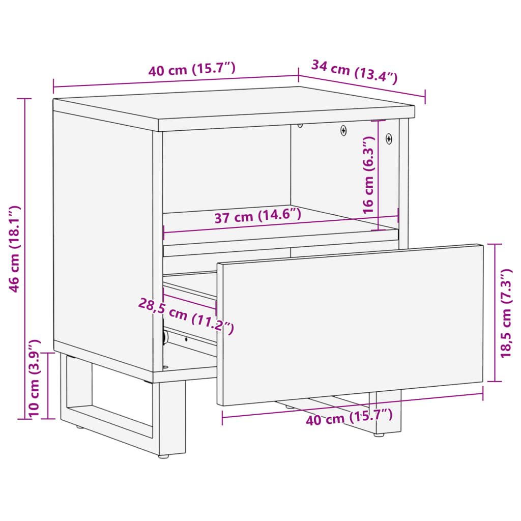 vidaXL Mesa cabeceira 40x34x46 cm madeira mangueira branqueada maciça