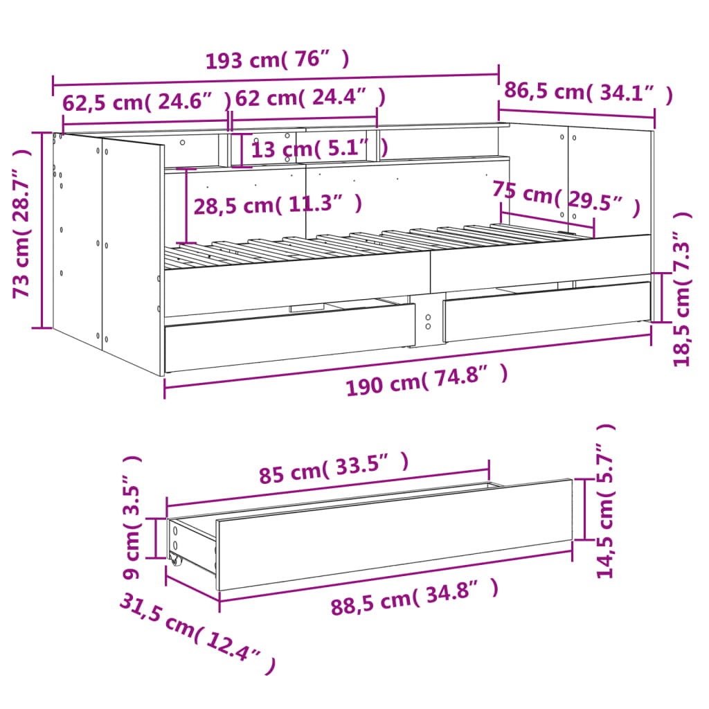 vidaXL Sofá-cama com gavetas sem colchão 75x190 cm carvalho sonoma