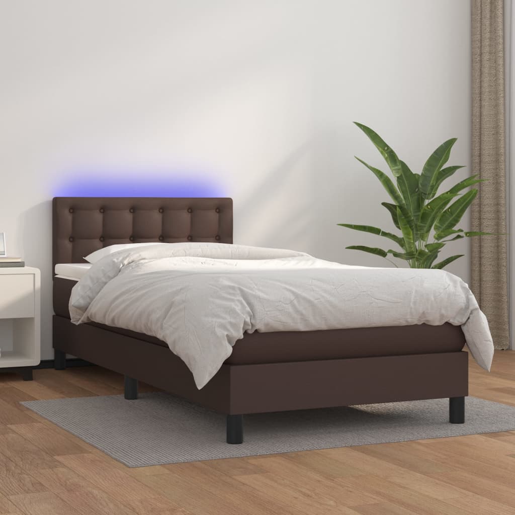 vidaXL Cama box spring c/ colchão/LED 90x200 cm couro artif. castanho