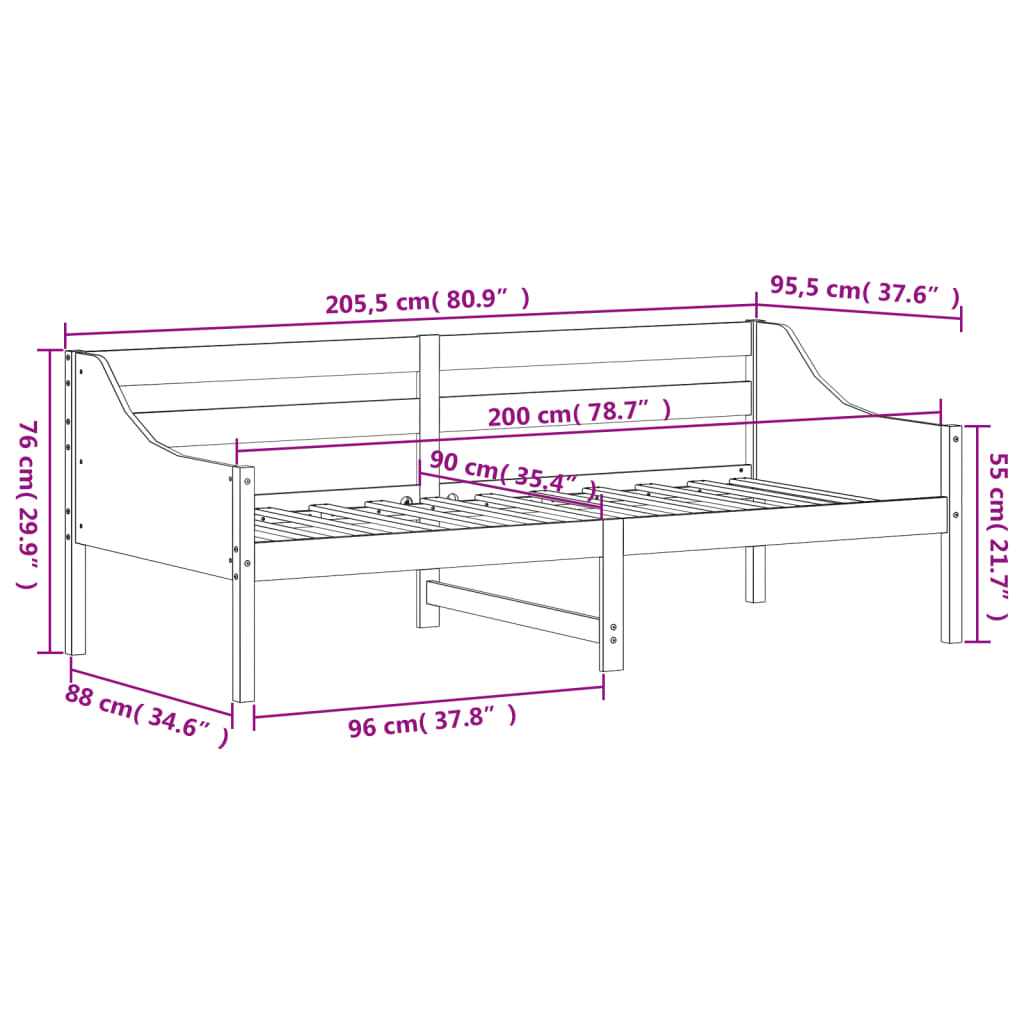 vidaXL Sofá-cama sem colchão 90x200 cm madeira de pinho maciça branco