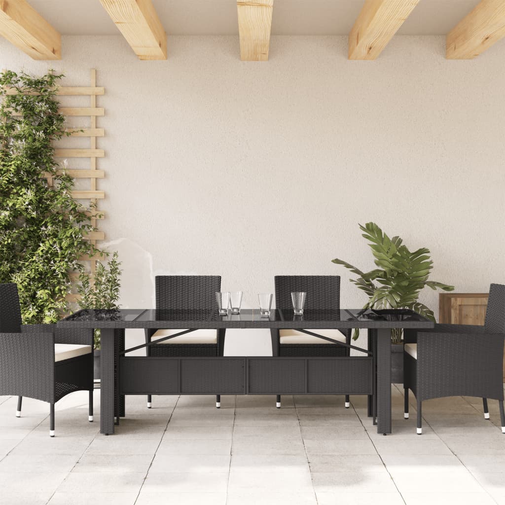 vidaXL Mesa de jardim com tampo de vidro 240x90x75 cm vime PE preto