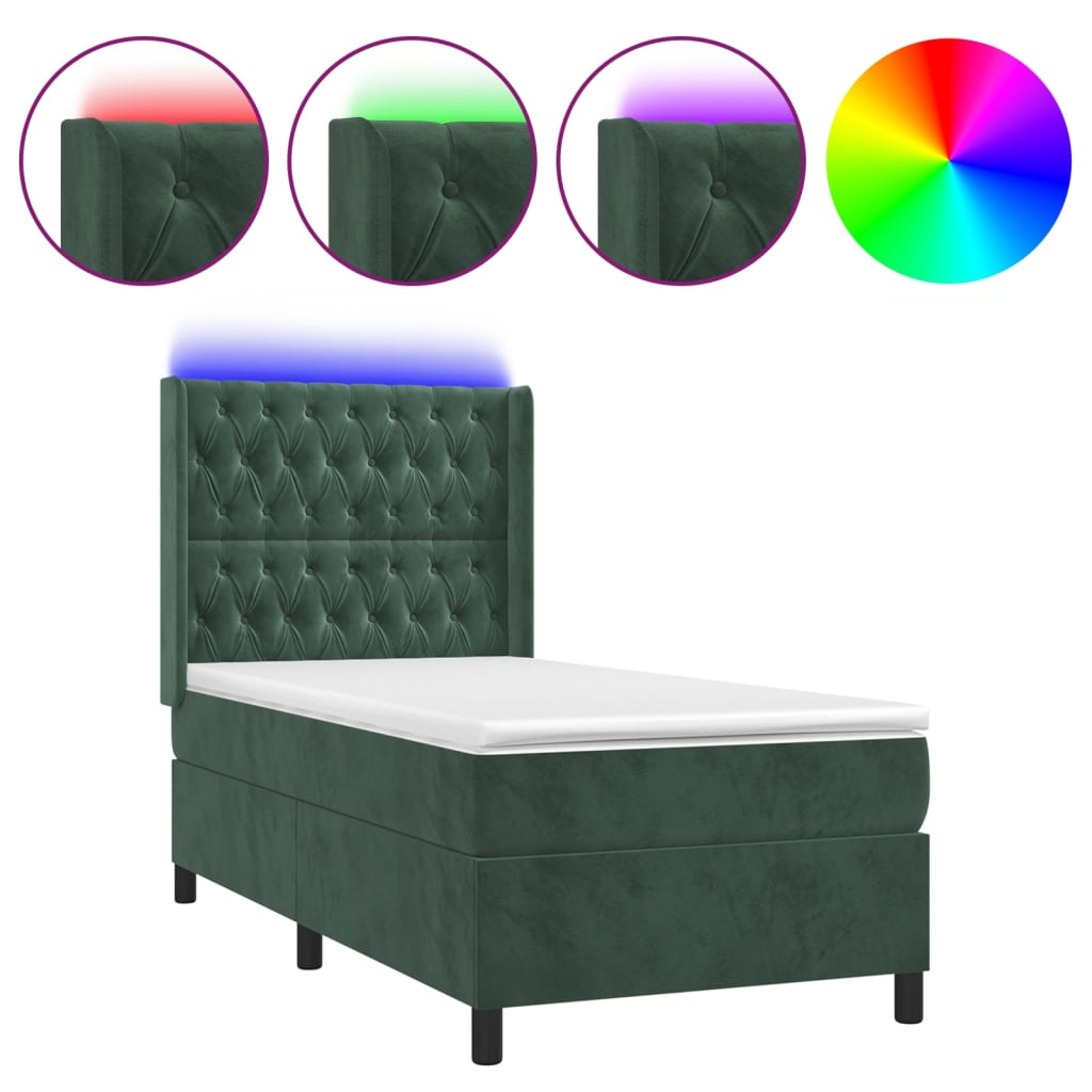 vidaXL Cama box spring c/ colchão/LED 90x200 cm veludo verde-escuro