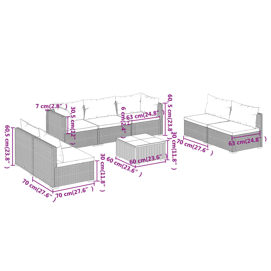 vidaXL 8 pcs conjunto lounge de jardim c/ almofadões vime PE preto