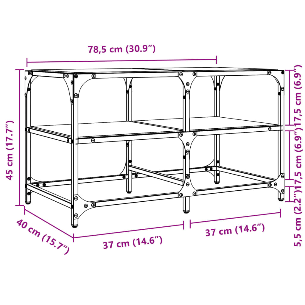 vidaXL Mesa de centro c/ topo em vidro transparente 78,5x40x45 cm aço