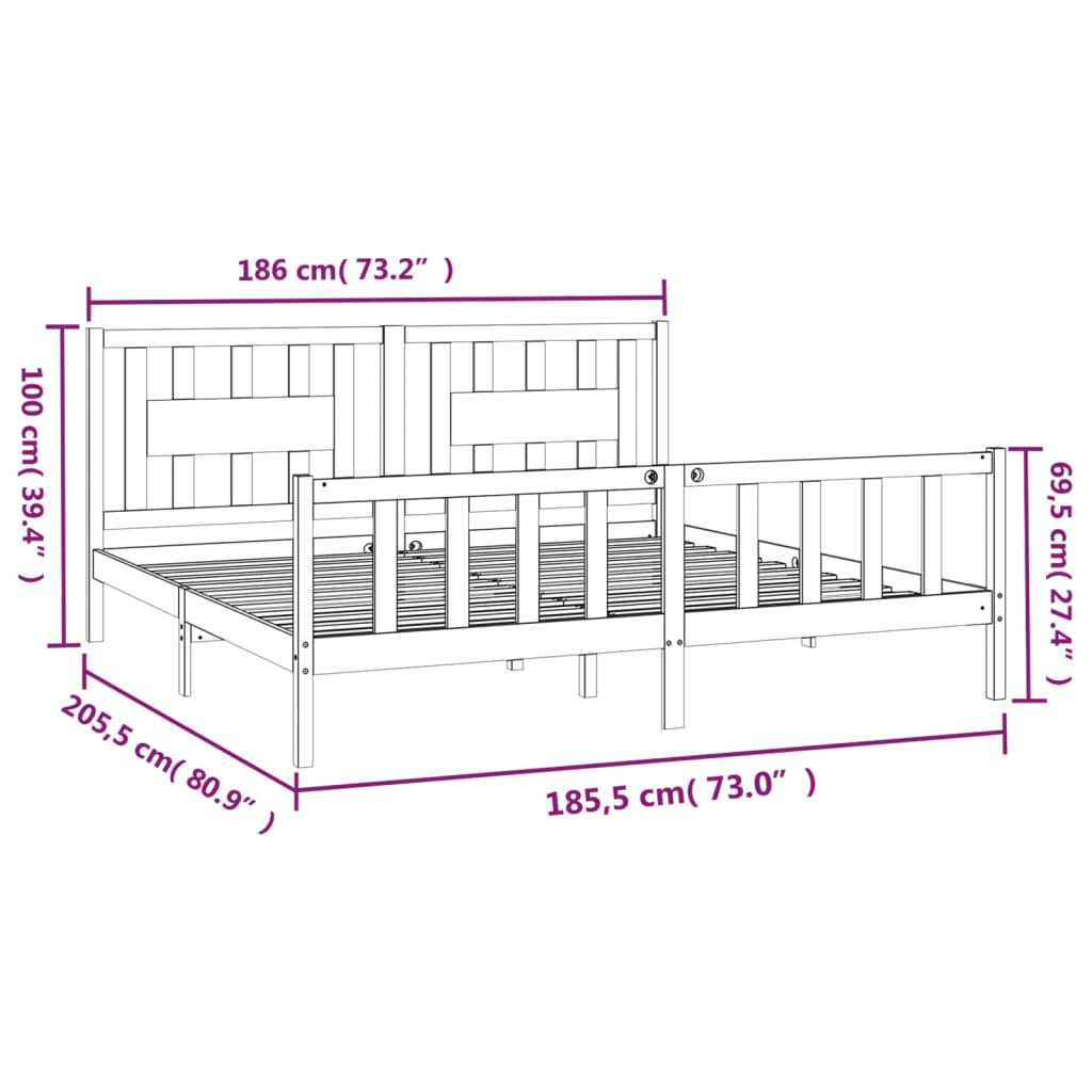 vidaXL Estrutura cama casal c/ cabeceira 180x200 cm pinho maciço preto