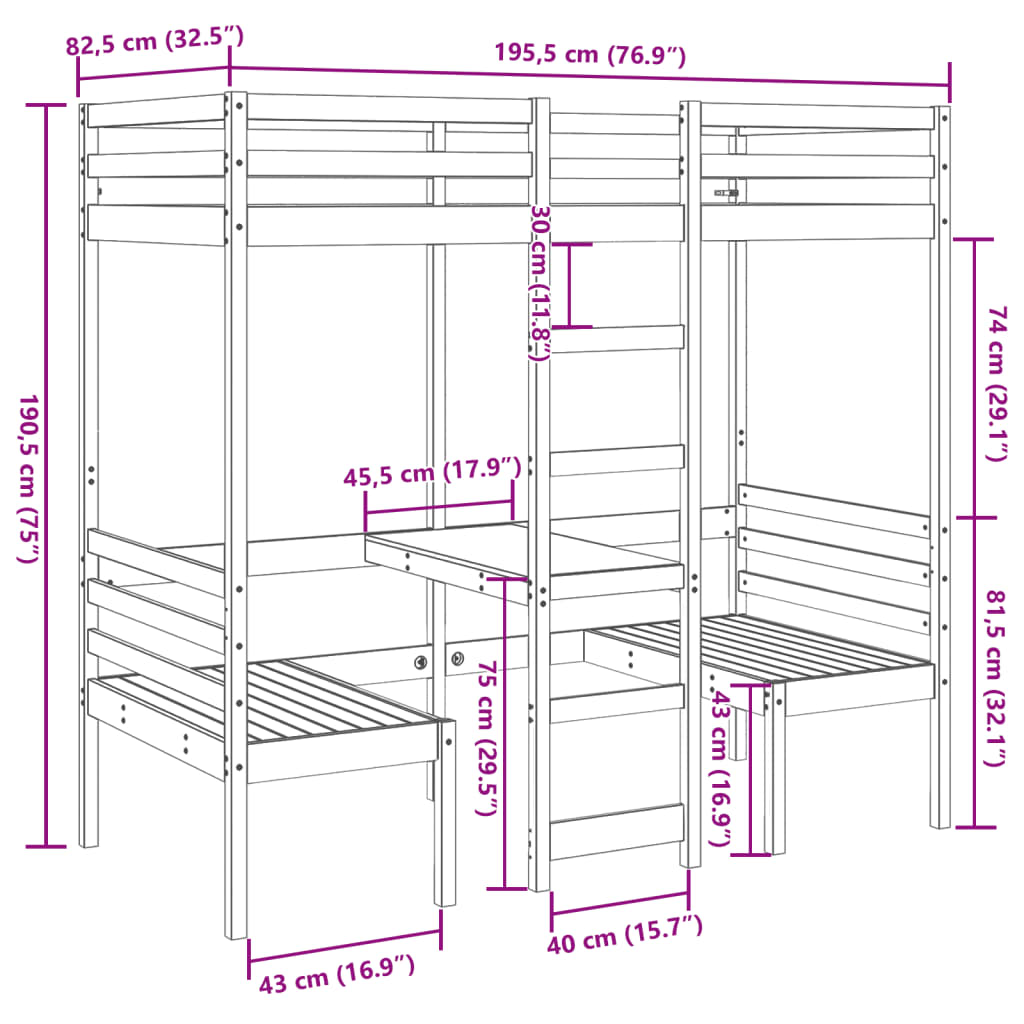 vidaXL Cama alta com secretária e cadeiras 75x190 cm pinho maciço