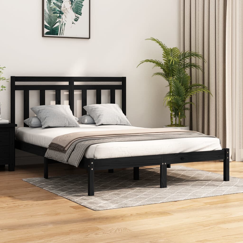 vidaXL Estrutura de cama casal 135x190 cm madeira maciça preto