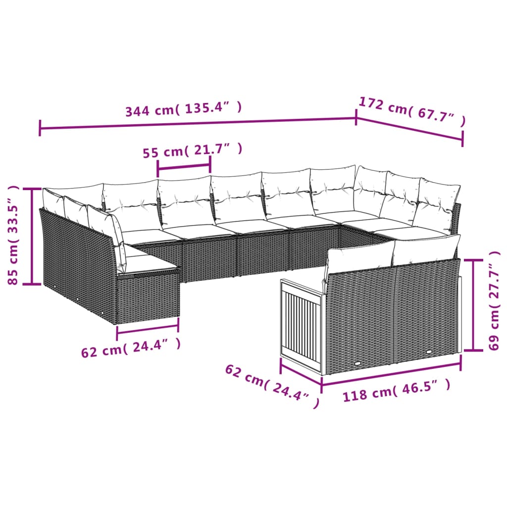 vidaXL 12 pcs conjunto de sofás de jardim c/ almofadões vime PE preto