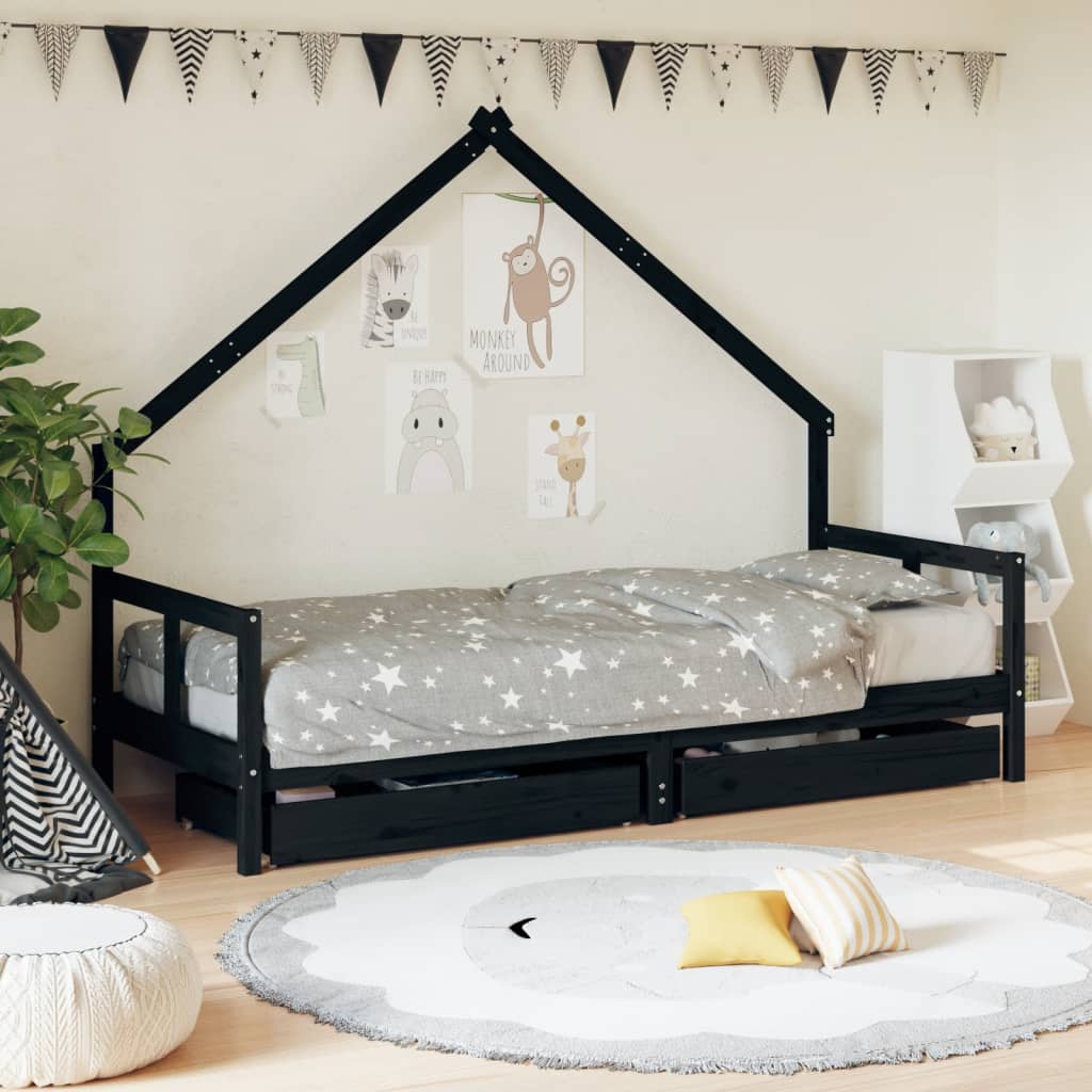 vidaXL Estrutura cama infantil c/ gavetas 80x200cm pinho maciço preto