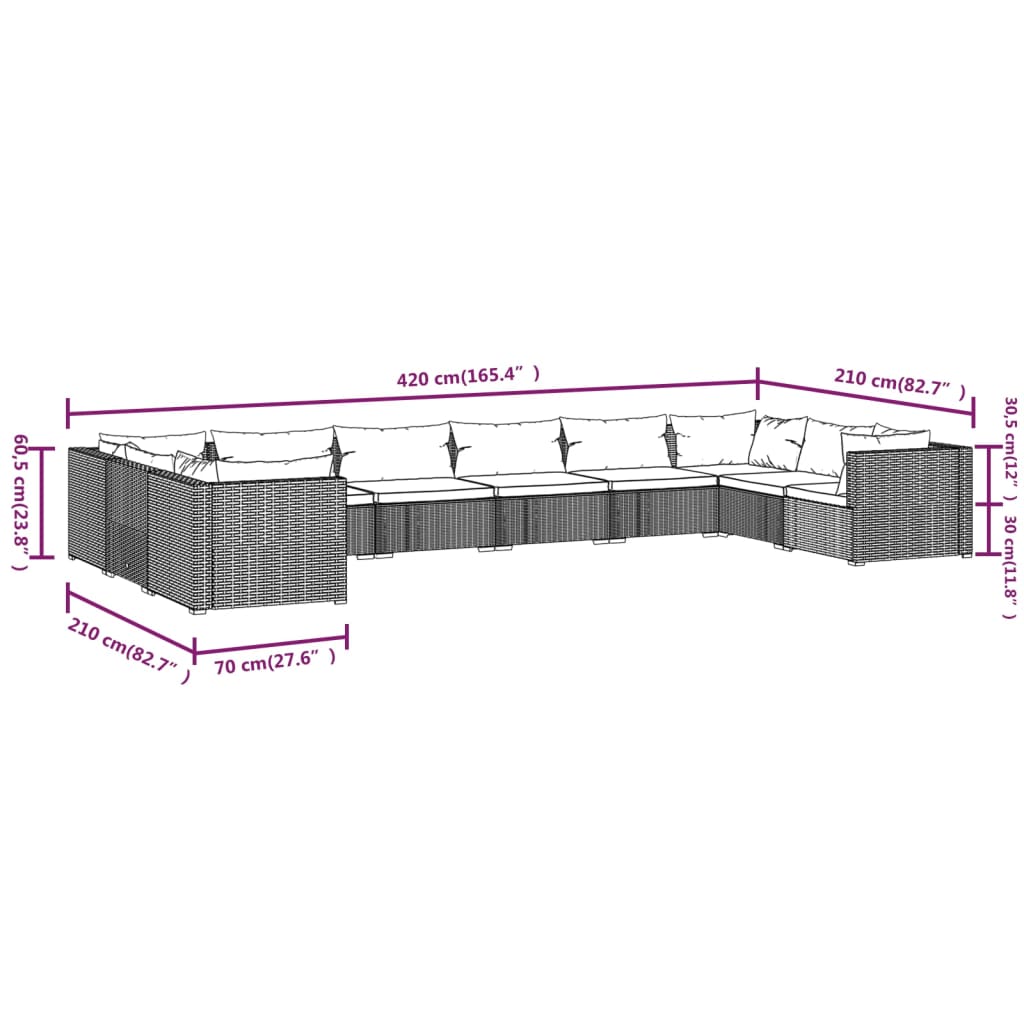 vidaXL 10 pcs conjunto lounge de jardim c/ almofadões vime PE cinzento