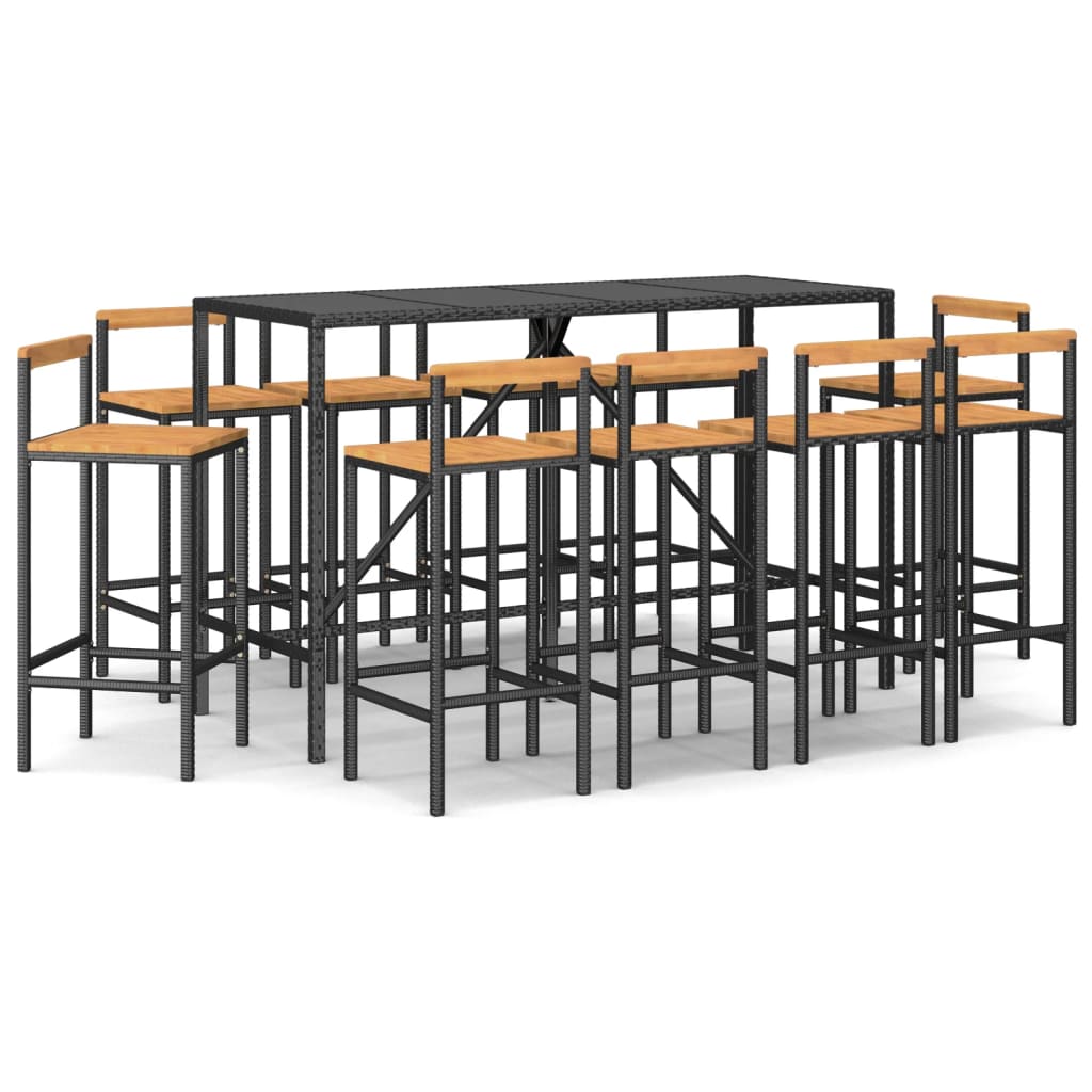 vidaXL 11 pcs conjunto de bar p/ jardim vime PE/acácia maciça preto