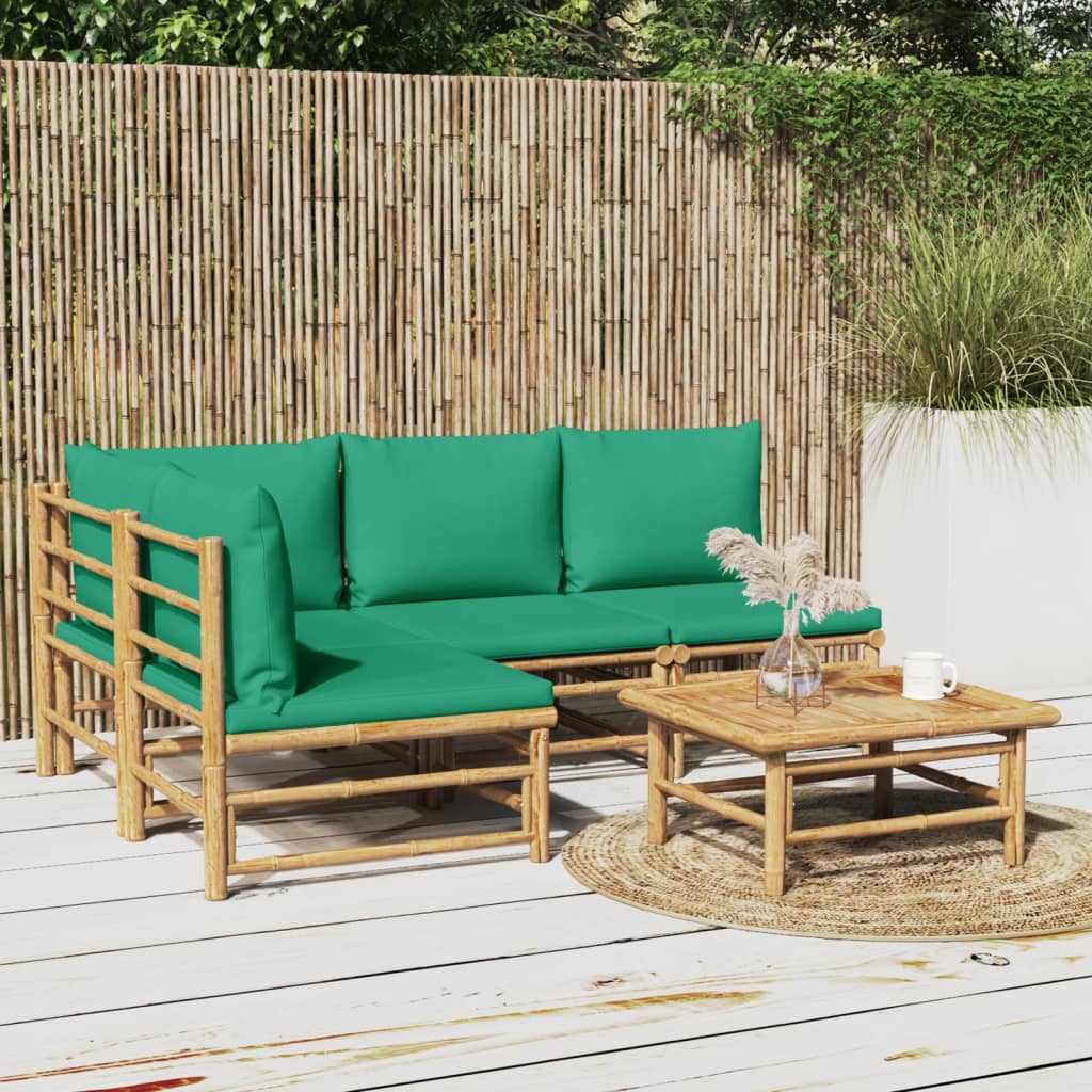 vidaXL 5 pcs conjunto lounge de jardim bambu c/ almofadões verdes