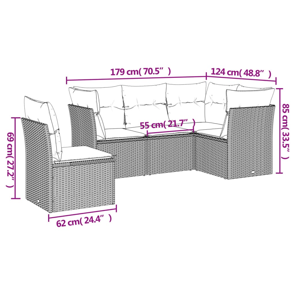 vidaXL 5 pcs conjunto sofás de jardim com almofadões vime PE preto