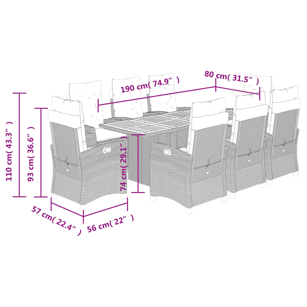 vidaXL 9 pcs conj. jantar jardim c/ almofadões vime PE bege misturado