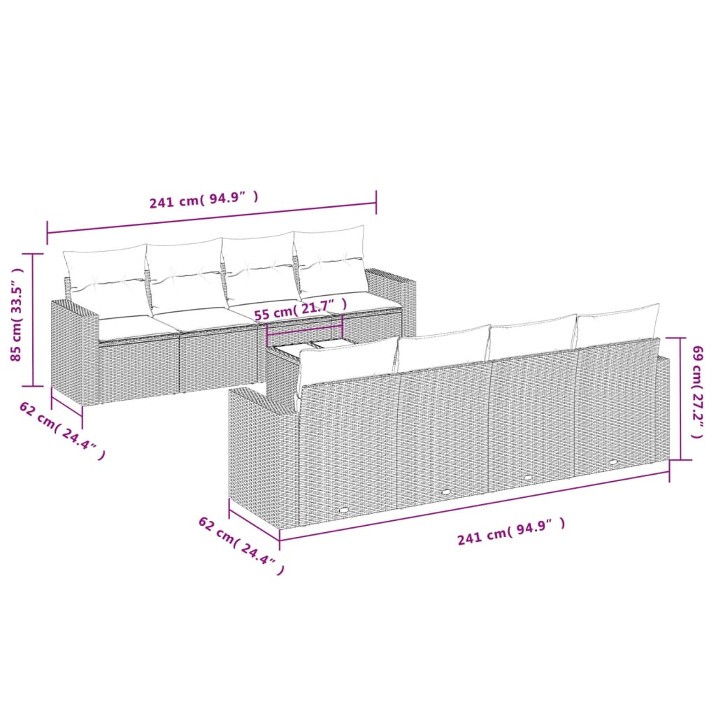 vidaXL 9 pcs conjunto de sofás p/ jardim com almofadões vime PE bege