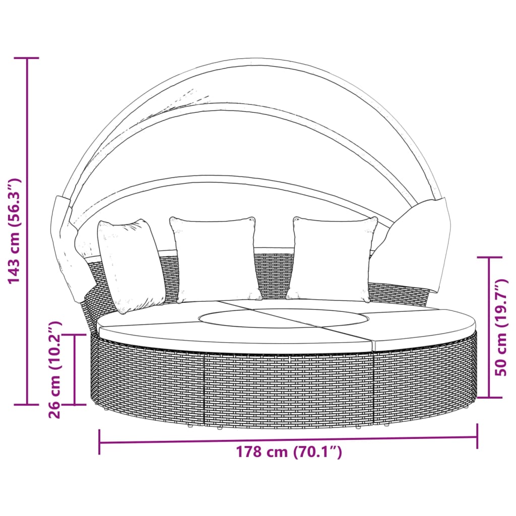 vidaXL Cama lounge de exterior c/ toldo e almofadões vime PE cinzento