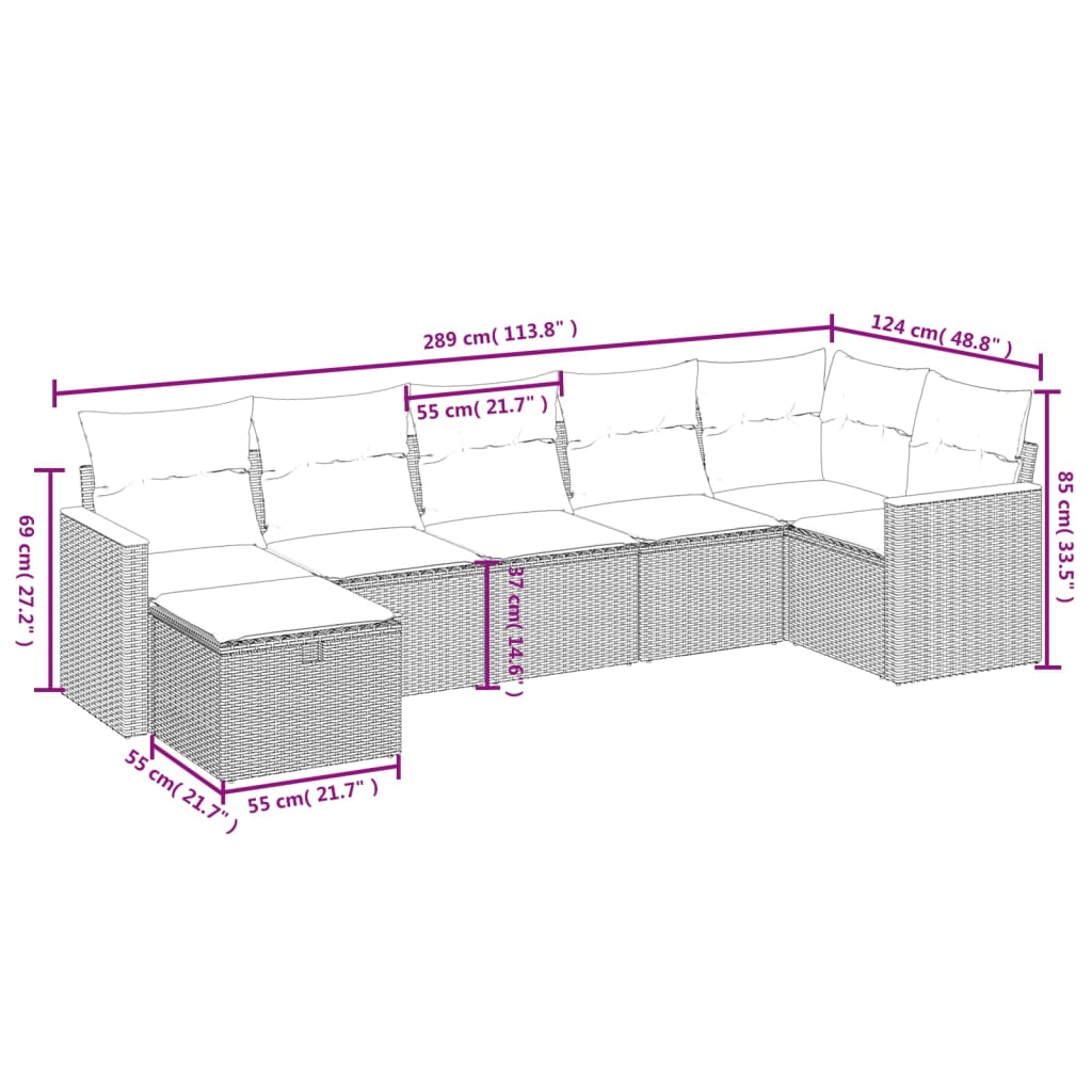 vidaXL 7 pcs conj. sofás jardim c/ almofadões vime PE bege misturado