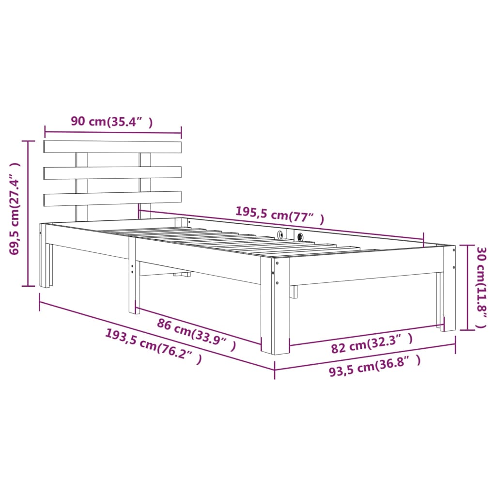 vidaXL Estrutura de cama solteiro 90x190 cm madeira maciça preto