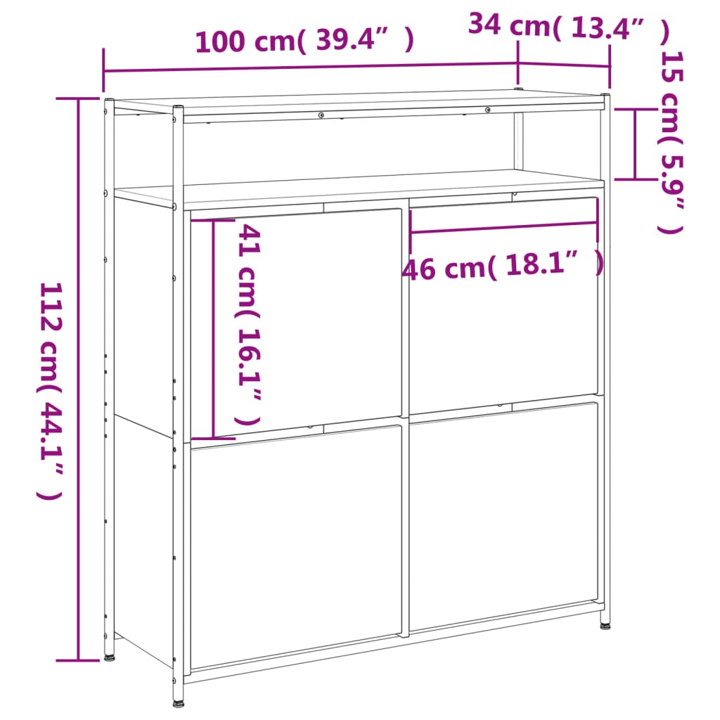 vidaXL Sapateira c/ 4 gavetas articuladas 100x34x112cm carvalho sonoma