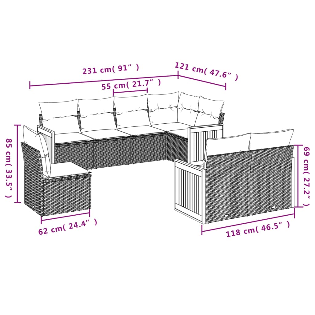 vidaXL 8 pcs conjunto sofás de jardim c/ almofadões vime PE cinzento